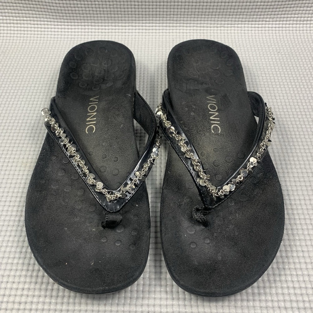 VIONIC Women 8 Black Sandals Silver Accents Thong Flip Flop Comfort